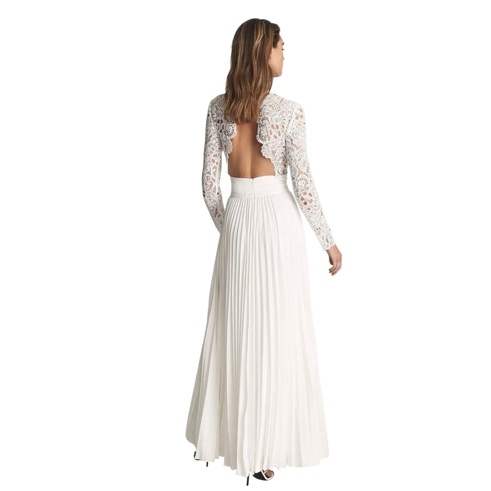 Reiss Dress Hazel White Lace Top Pleated Maxi Open Back Long Sleeve Size 4